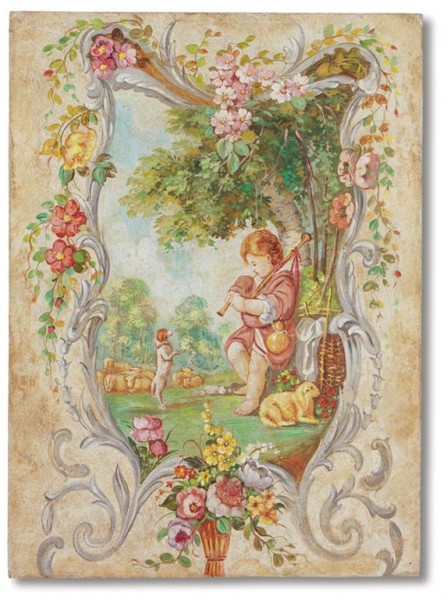 Decorazioni floreali e sognanti in un affresco Mariani che prende spunto dai "fanciulli" del Boucher