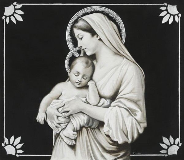 Madonna con bambino della collezione Introspezioni realizzata ad affresco e finita con particolari in foglia argento by ArteMariani