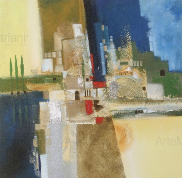 I colori dei paesaggi italiani e del mediterraneo si ritrovano in quest'opera astratta, Verdi sentinelle, una nuova proposta delle collezioni Mariani