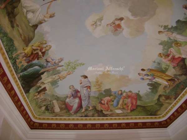 L’opera finita: un affresco ispirato alle scienze e di imponenti dimensioni avvolge la sala biblioteca di un prestigioso ed antico palazzo siciliano