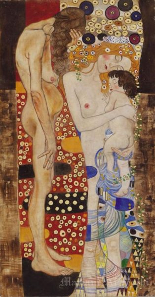 "The Three Ages of Life” a phantasmagoria of colours and gold tell the story of the passing of time. Steeped in symbolism, the work can be coordinated with other Klimt decorations to create a visually stunning wall